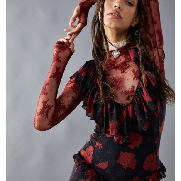 Free People Austyn one piece floral, ruffle, bell bottom jumpsuit. - Picture 3 of 5